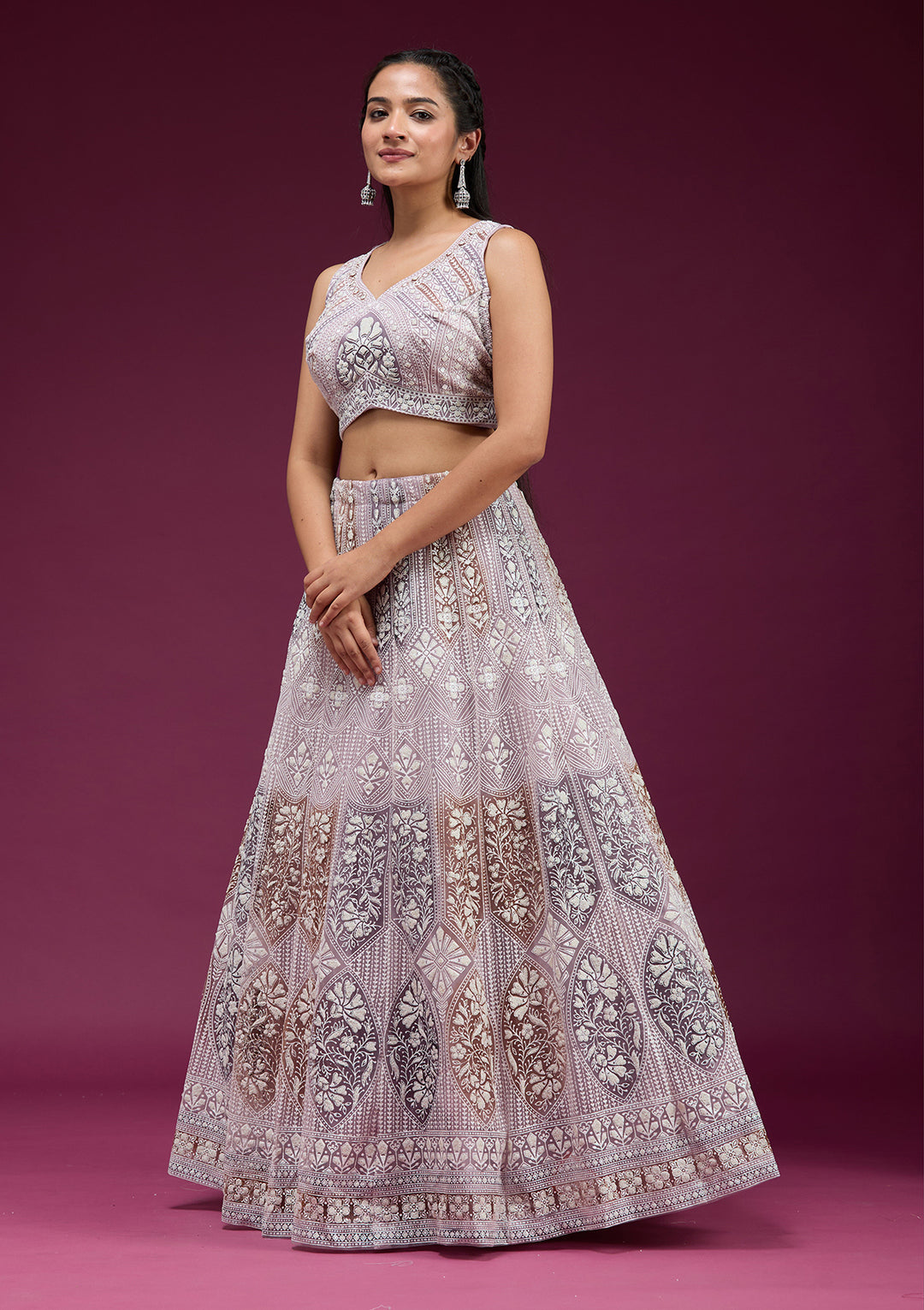 Pearlwork Beige Net Stitched Lehenga Blouse With Dupatta