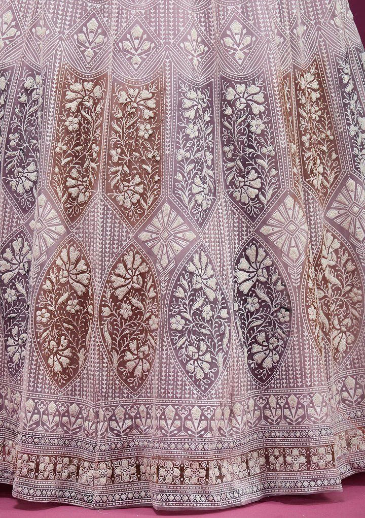 Pearlwork Beige Net Stitched Lehenga Blouse With Dupatta