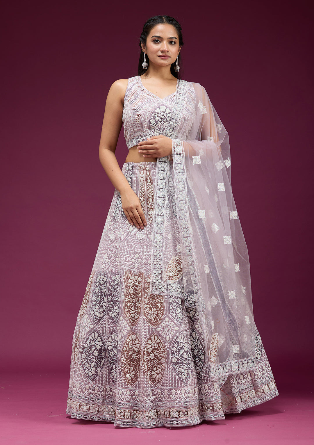 Pearlwork Beige Net Stitched Lehenga Blouse With Dupatta