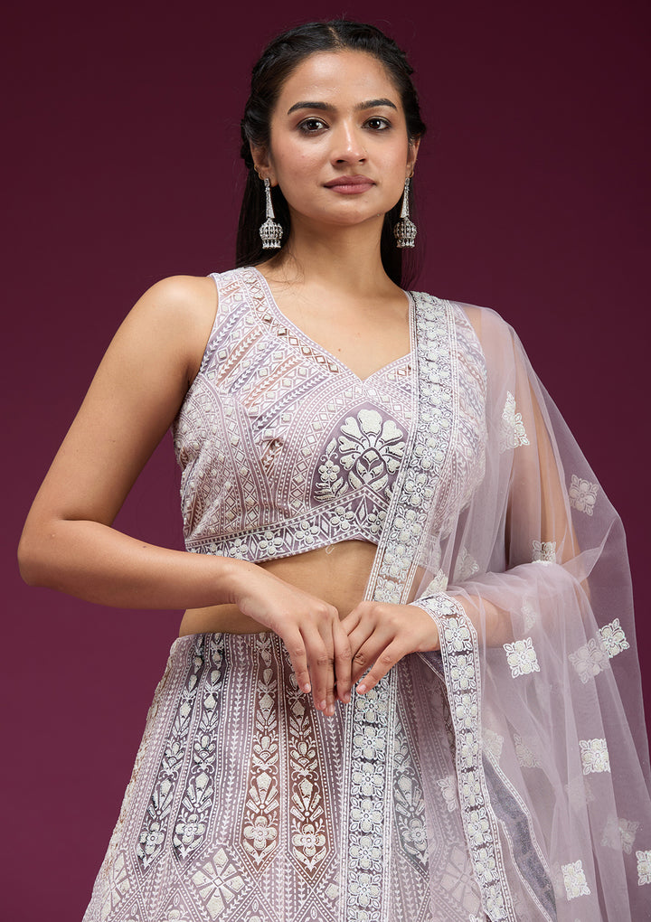 Pearlwork Beige Net Stitched Lehenga Blouse With Dupatta