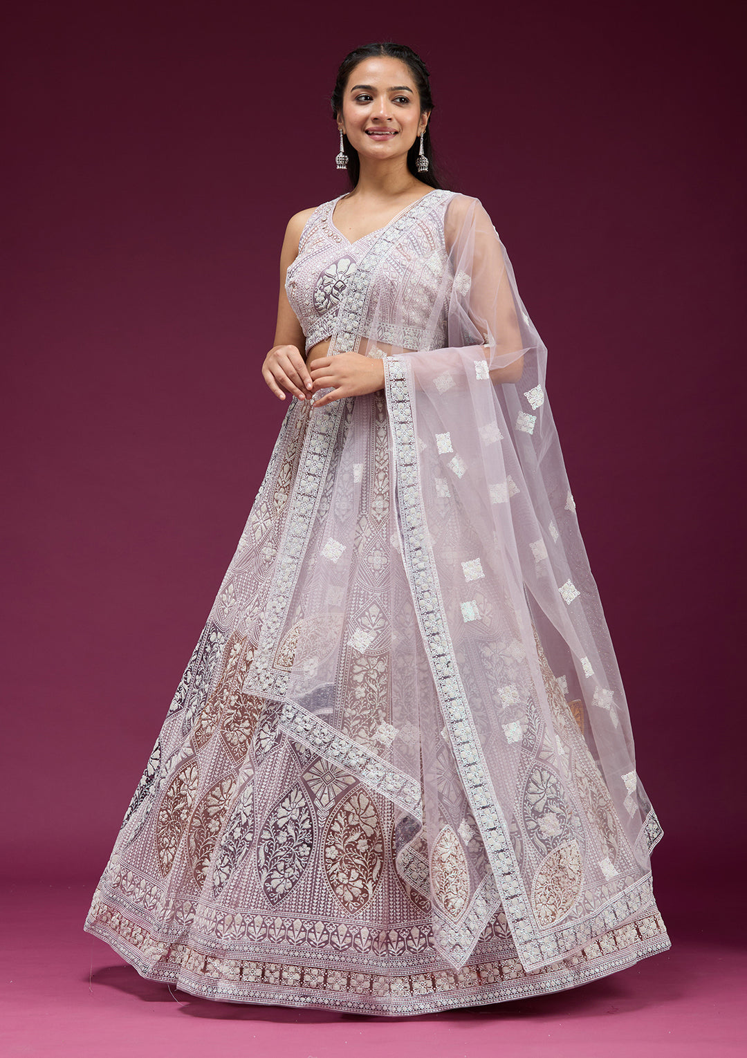 Pearlwork Beige Net Stitched Lehenga Blouse With Dupatta