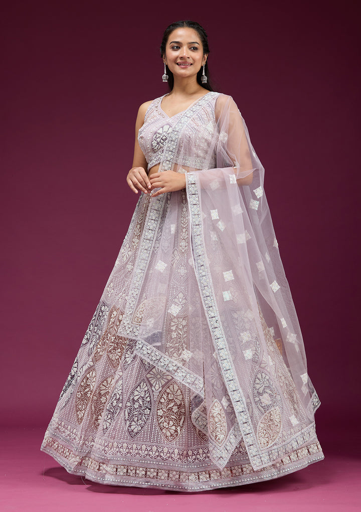Pearlwork Beige Net Stitched Lehenga Blouse With Dupatta