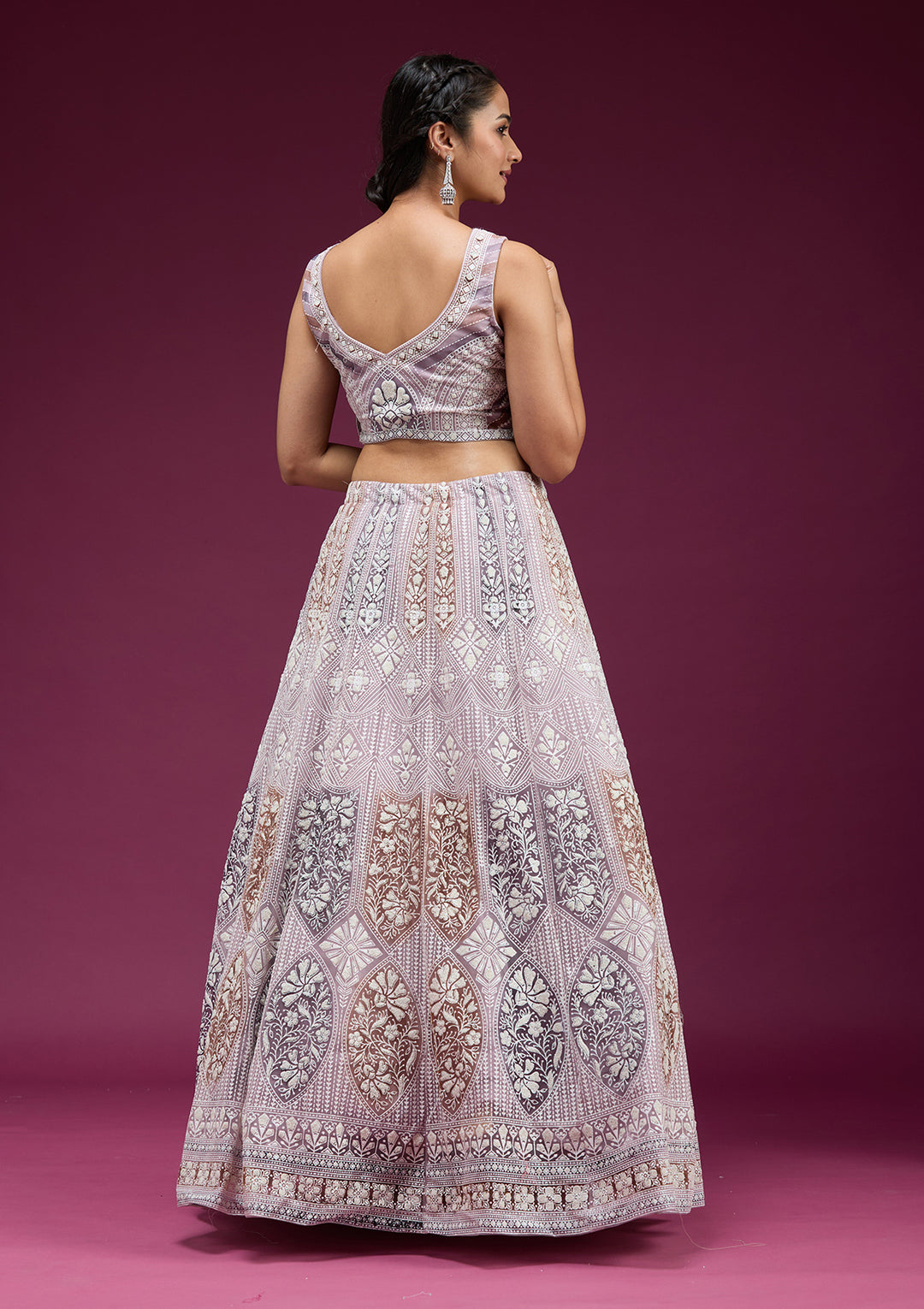 Pearlwork Beige Net Stitched Lehenga Blouse With Dupatta