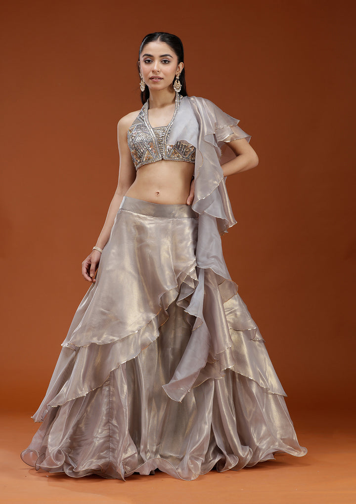 Grey Stonework Organza Readymade Lehenga