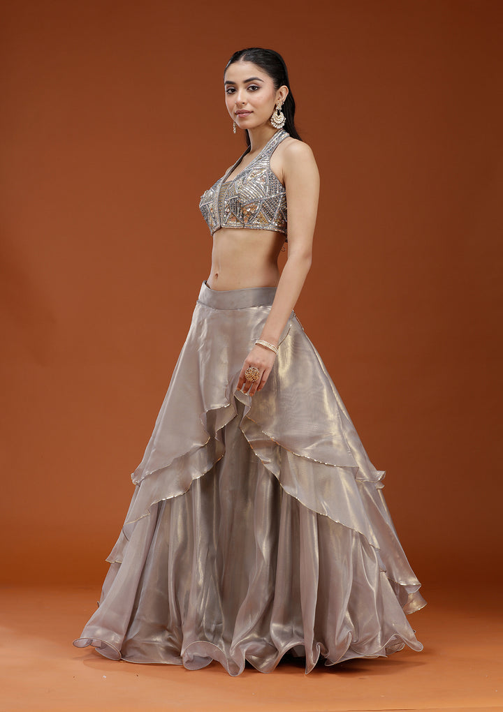 Grey Stonework Organza Readymade Lehenga