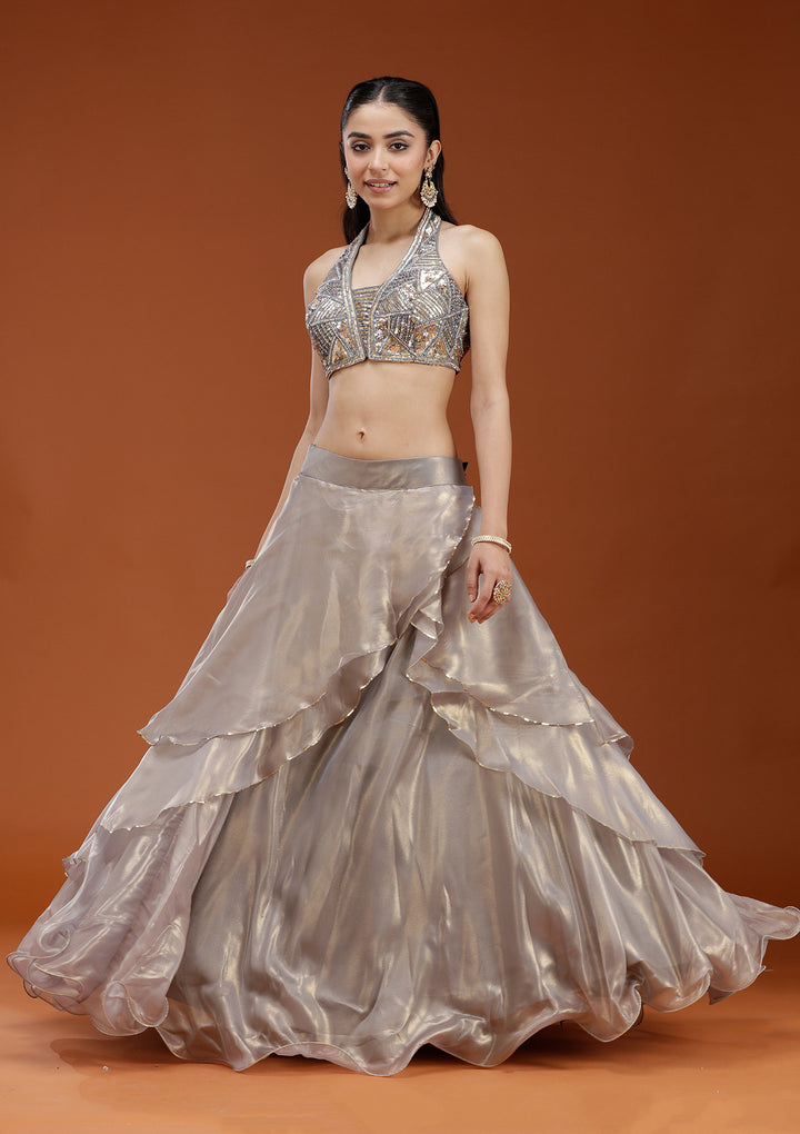 Grey Stonework Organza Readymade Lehenga
