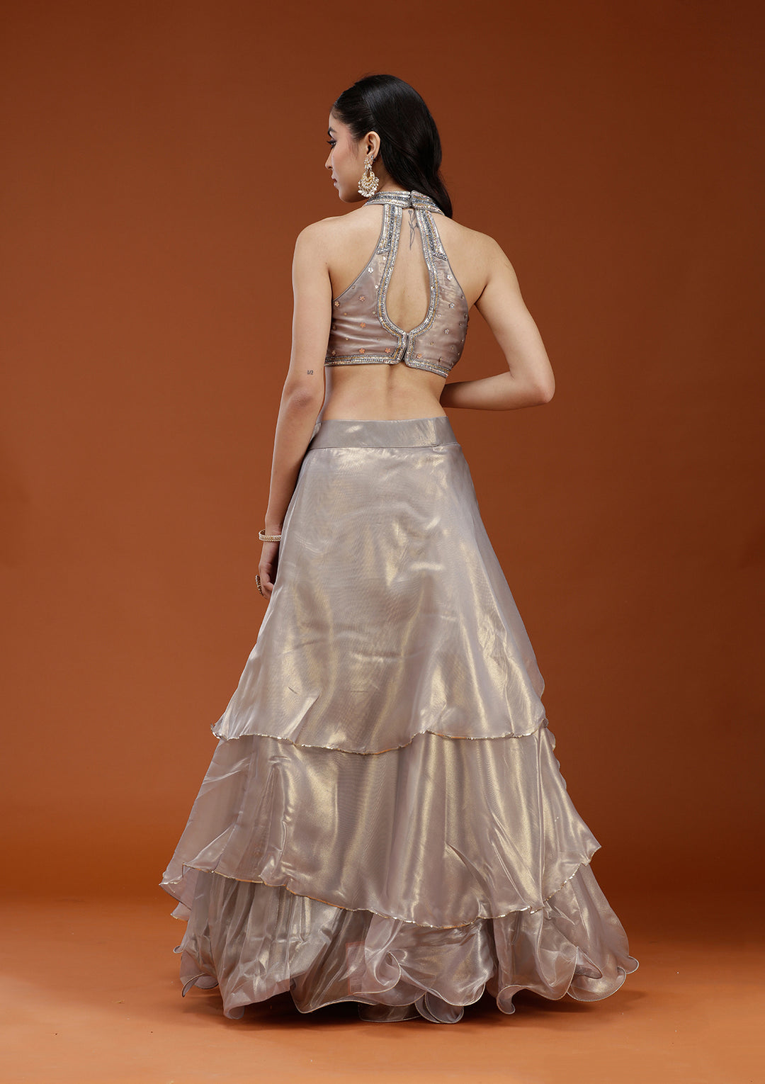 Grey Stonework Organza Readymade Lehenga