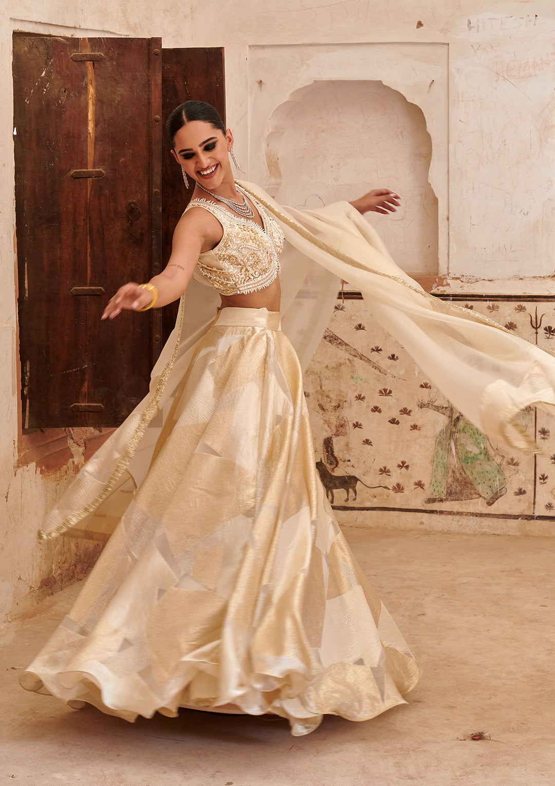 Cream Pearlwork Organza Readymade Lehenga