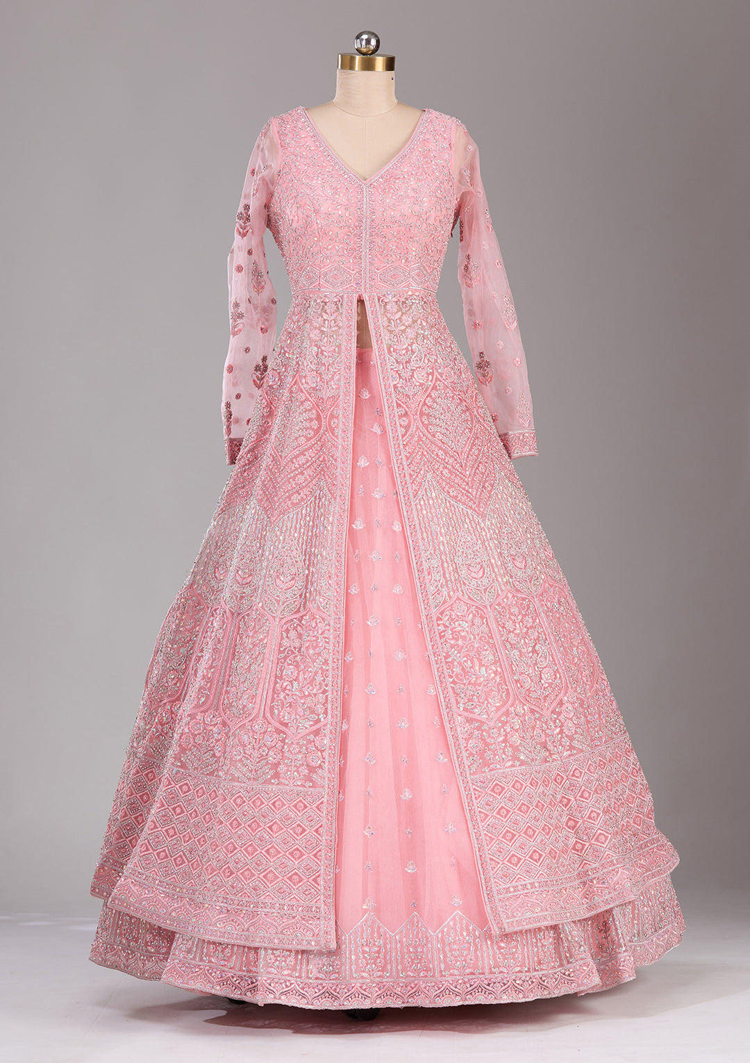 Silver Stonework Peach Net Stitched Lehenga Blouse With Dupatta