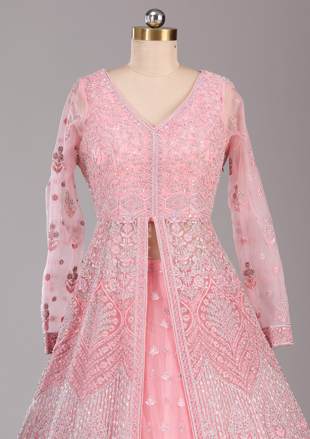 Silver Stonework Peach Net Stitched Lehenga Blouse With Dupatta