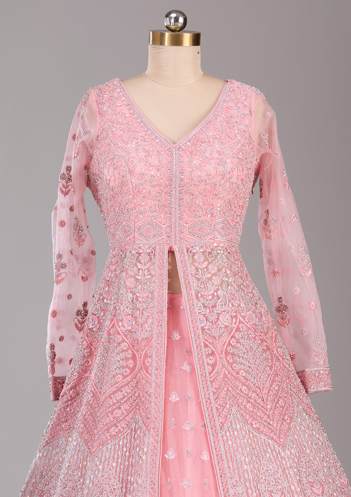 Silver Stonework Peach Net Stitched Lehenga Blouse With Dupatta