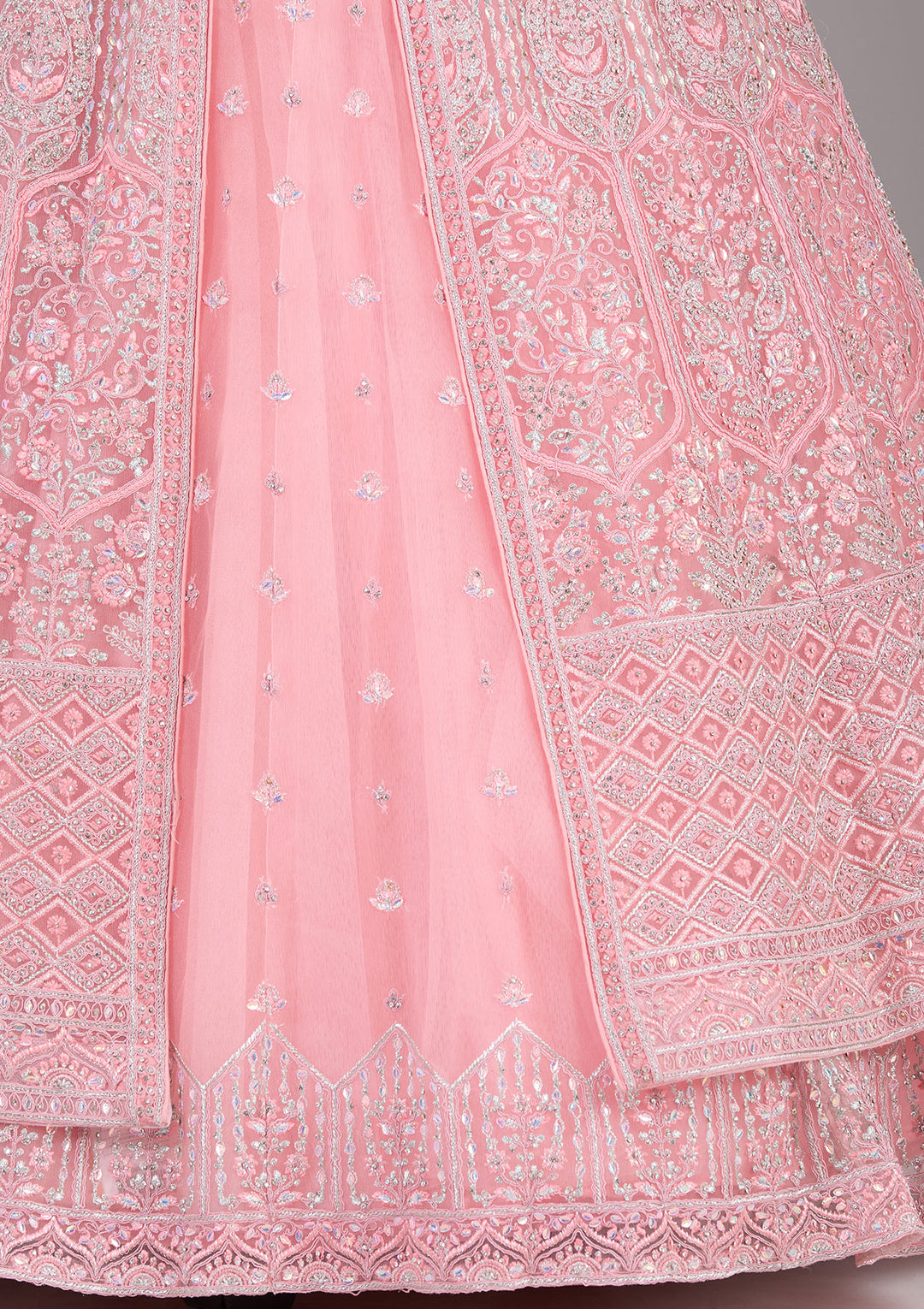 Silver Stonework Peach Net Stitched Lehenga Blouse With Dupatta
