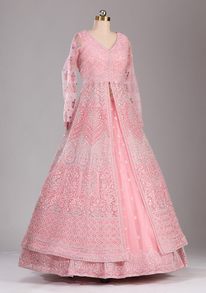 Silver Stonework Peach Net Stitched Lehenga Blouse With Dupatta