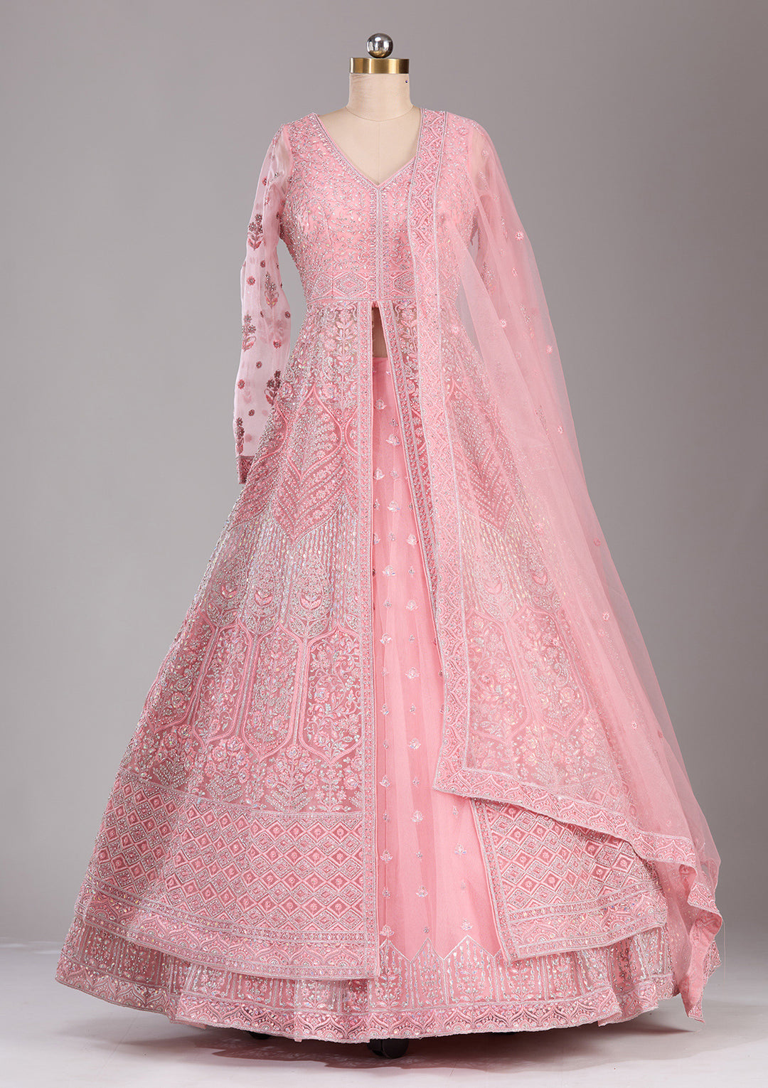 Silver Stonework Peach Net Stitched Lehenga Blouse With Dupatta