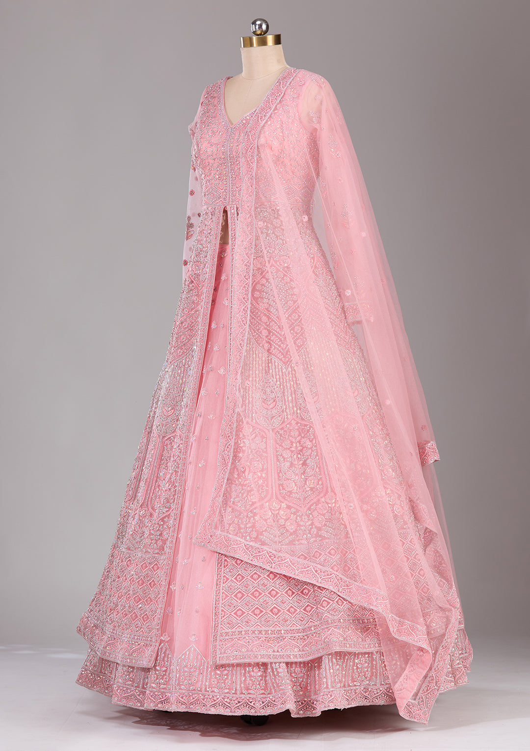 Silver Stonework Peach Net Stitched Lehenga Blouse With Dupatta
