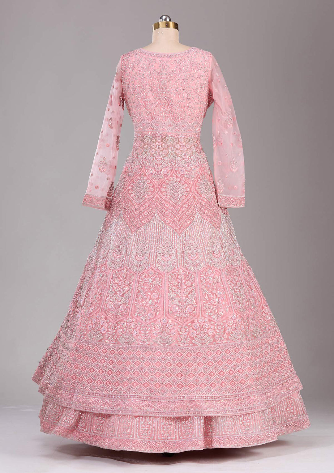 Silver Stonework Peach Net Stitched Lehenga Blouse With Dupatta