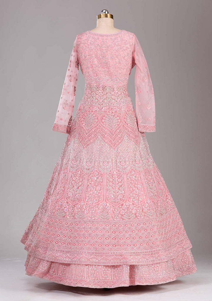 Silver Stonework Peach Net Stitched Lehenga Blouse With Dupatta