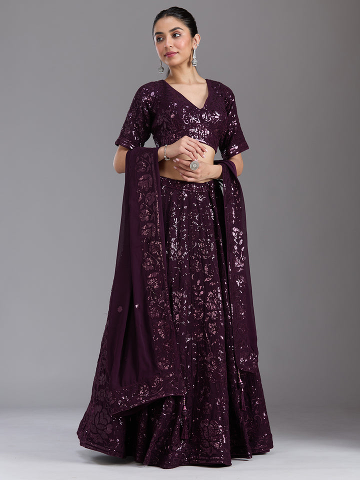 Wine Sequins Georgette Readymade Lehenga