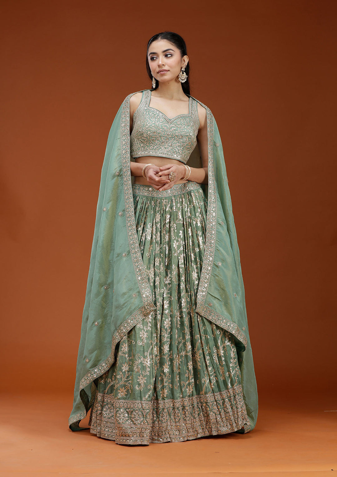 Pista Green Sequins Shimmer Readymade Lehenga