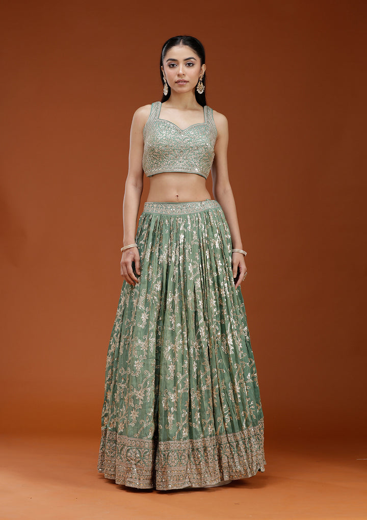 Pista Green Sequins Shimmer Readymade Lehenga