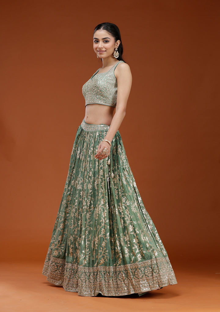 Pista Green Sequins Shimmer Readymade Lehenga
