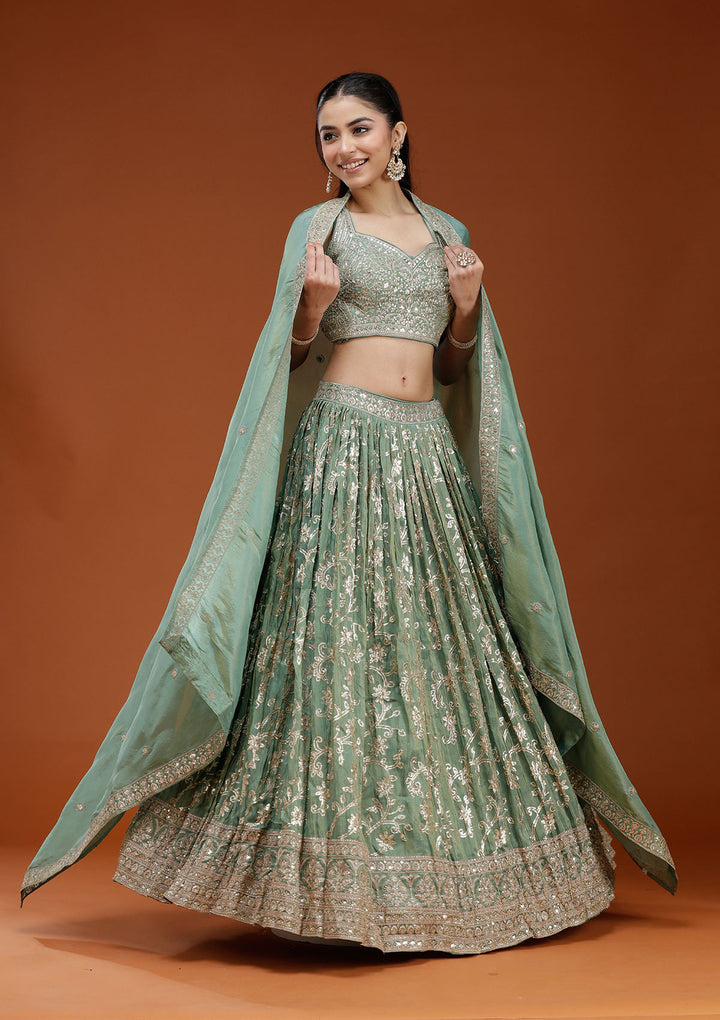 Pista Green Sequins Shimmer Readymade Lehenga
