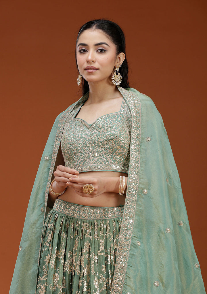 Pista Green Sequins Shimmer Readymade Lehenga