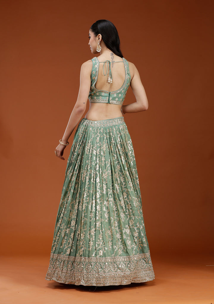 Pista Green Sequins Shimmer Readymade Lehenga