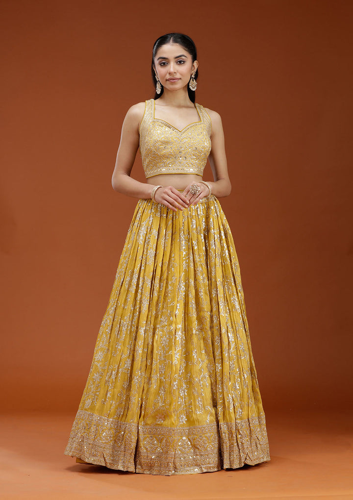 Yellow Sequins Shimmer Readymade Lehenga