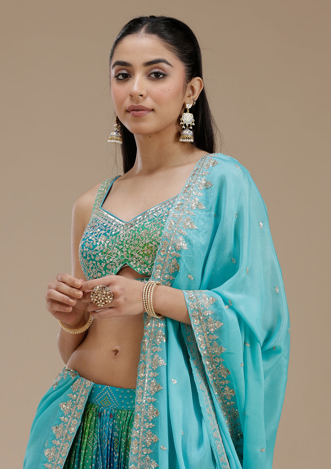 Sky Blue Sequins Crepe Readymade Lehenga