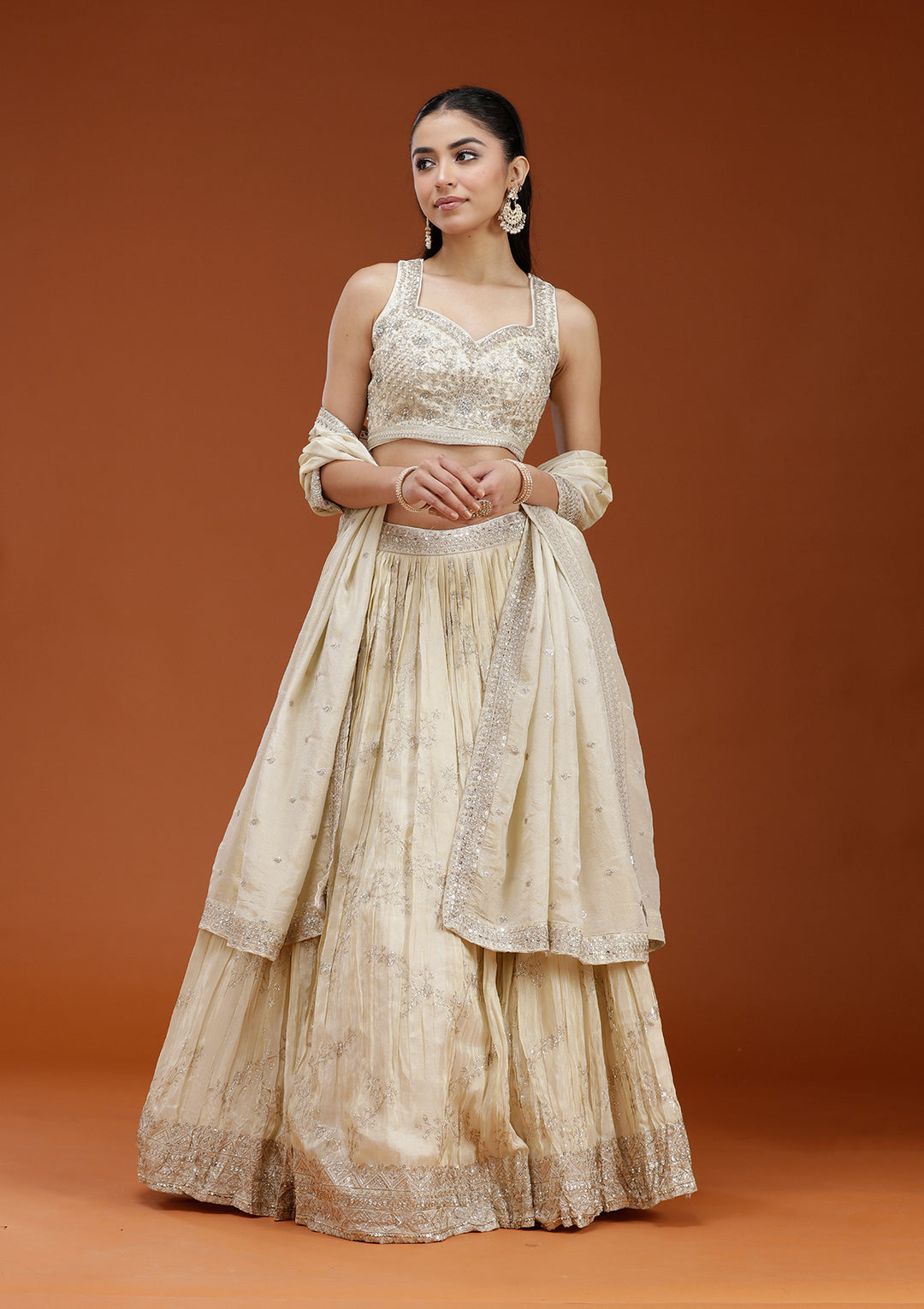Beige Sequins Shimmer Readymade Lehenga