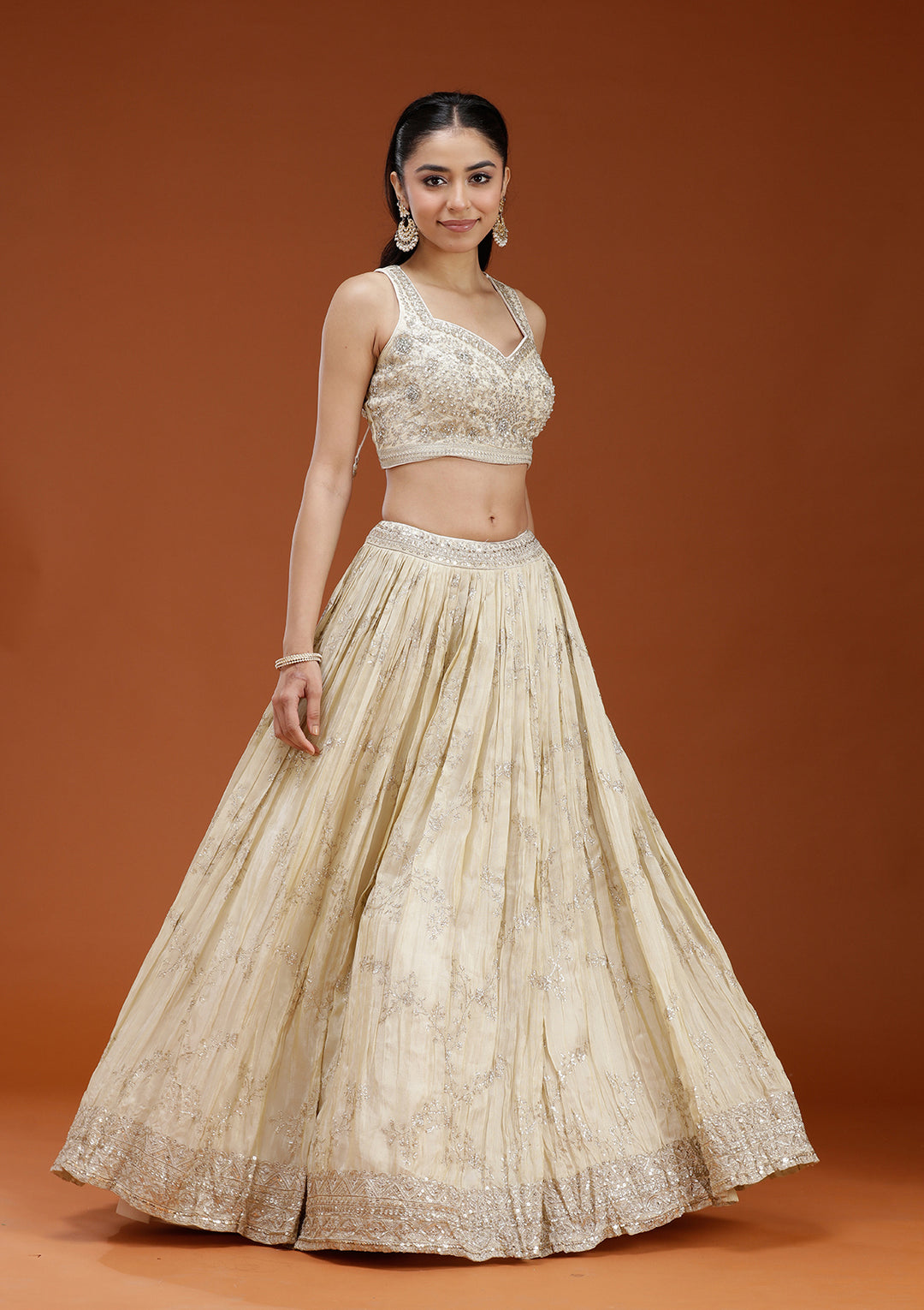 Beige Sequins Shimmer Readymade Lehenga