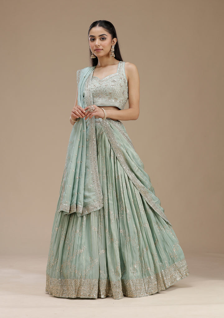 Pista Green Sequins Shimmer Readymade Lehenga