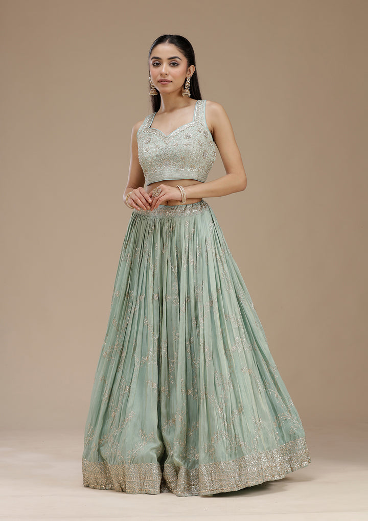 Pista Green Sequins Shimmer Readymade Lehenga