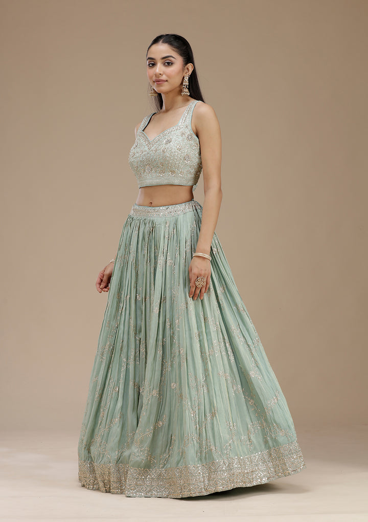 Pista Green Sequins Shimmer Readymade Lehenga