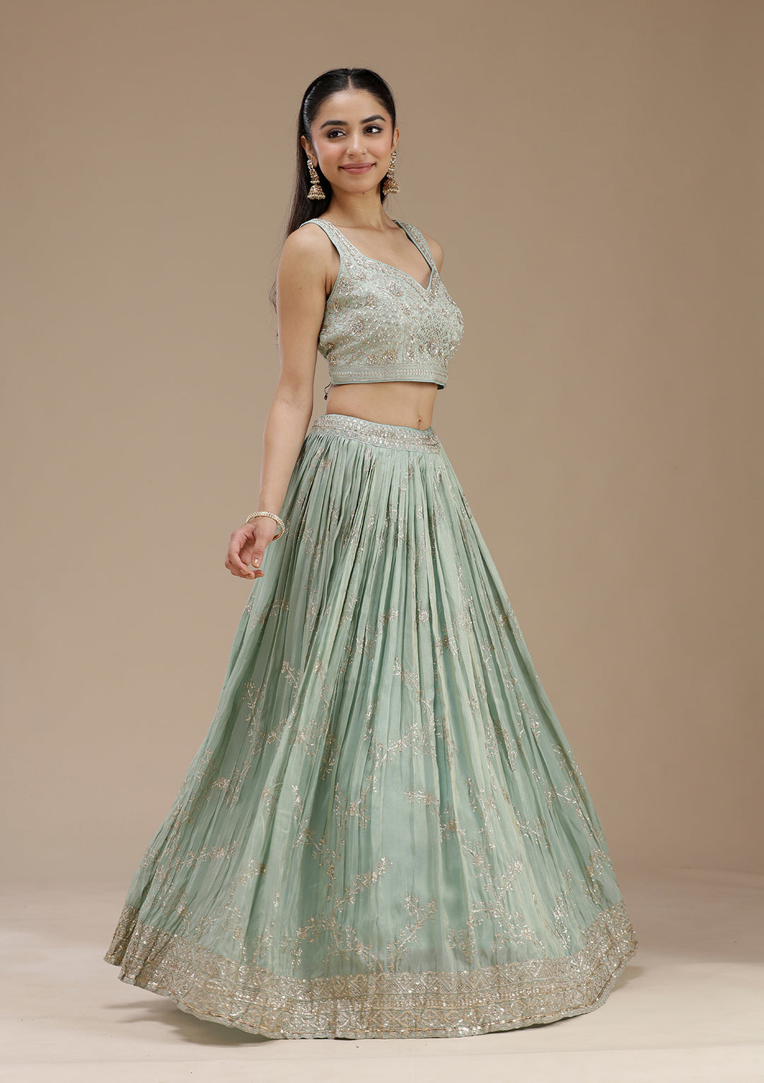 Pista Green Sequins Shimmer Readymade Lehenga