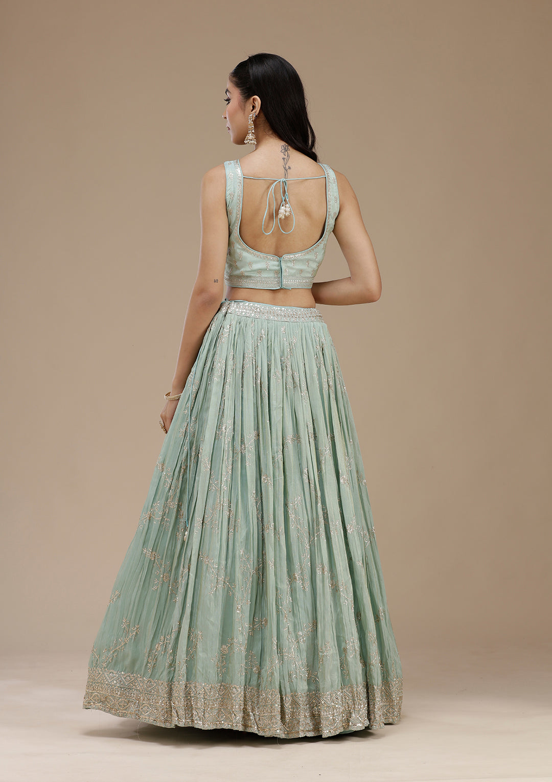 Pista Green Sequins Shimmer Readymade Lehenga