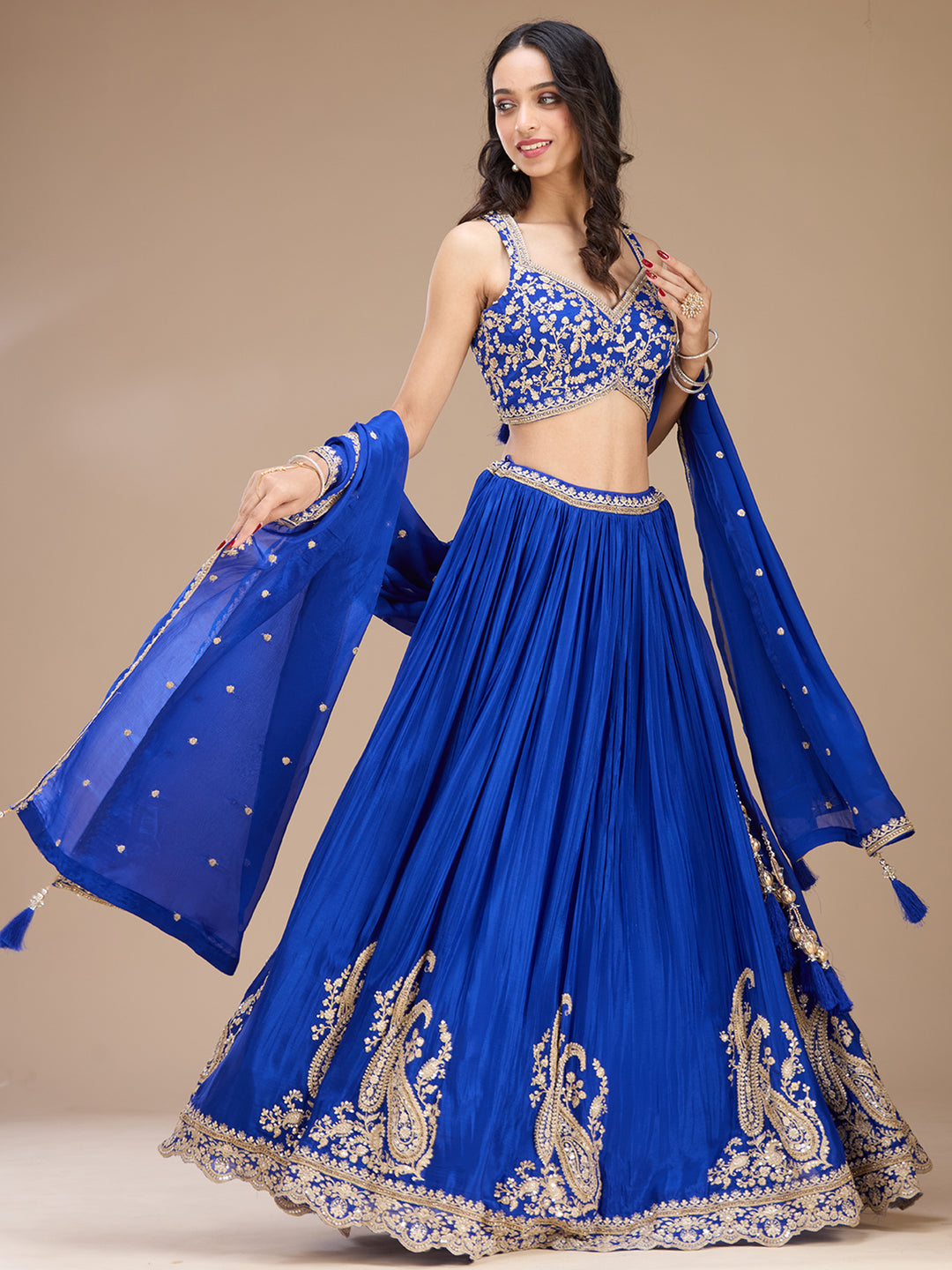 Blue Zariwork (Gold) Crepe Readymade Lehenga