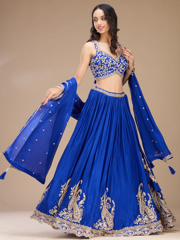 Blue Zariwork (Gold) Crepe Readymade Lehenga