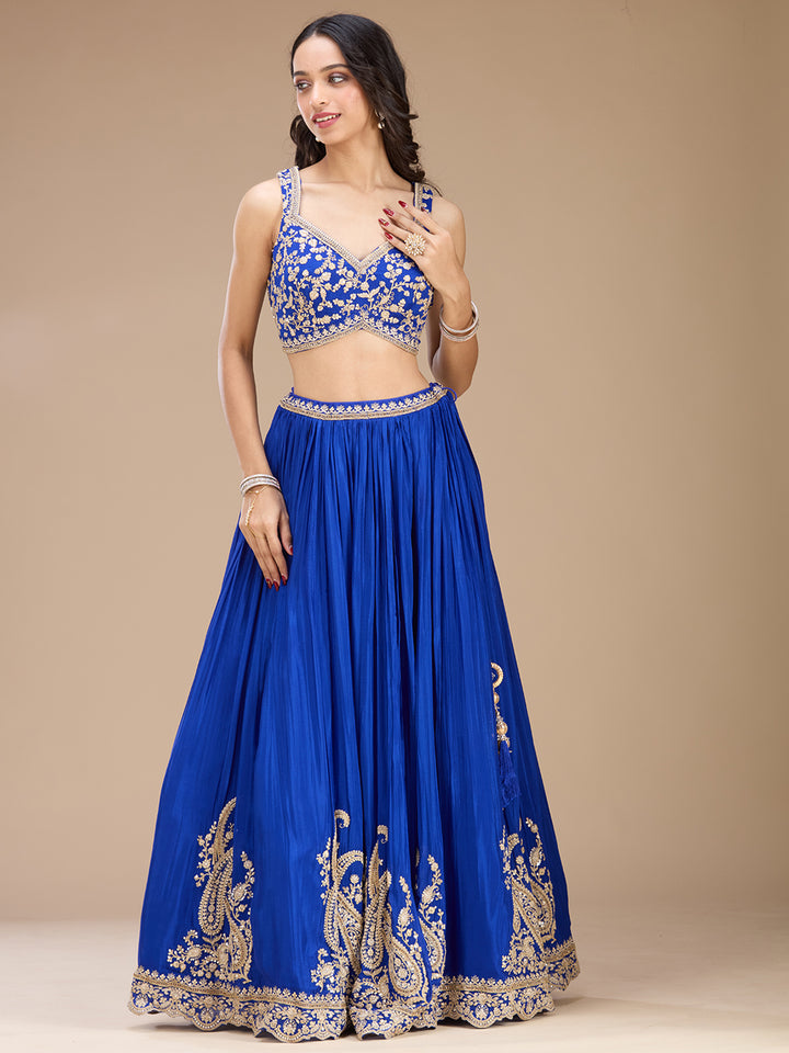 Blue Zariwork (Gold) Crepe Readymade Lehenga