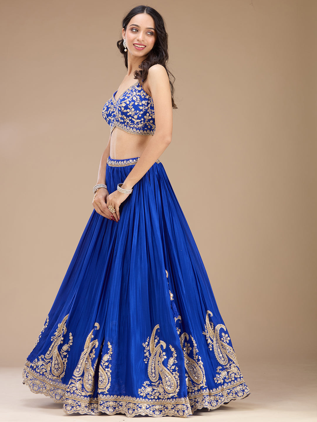 Blue Zariwork (Gold) Crepe Readymade Lehenga