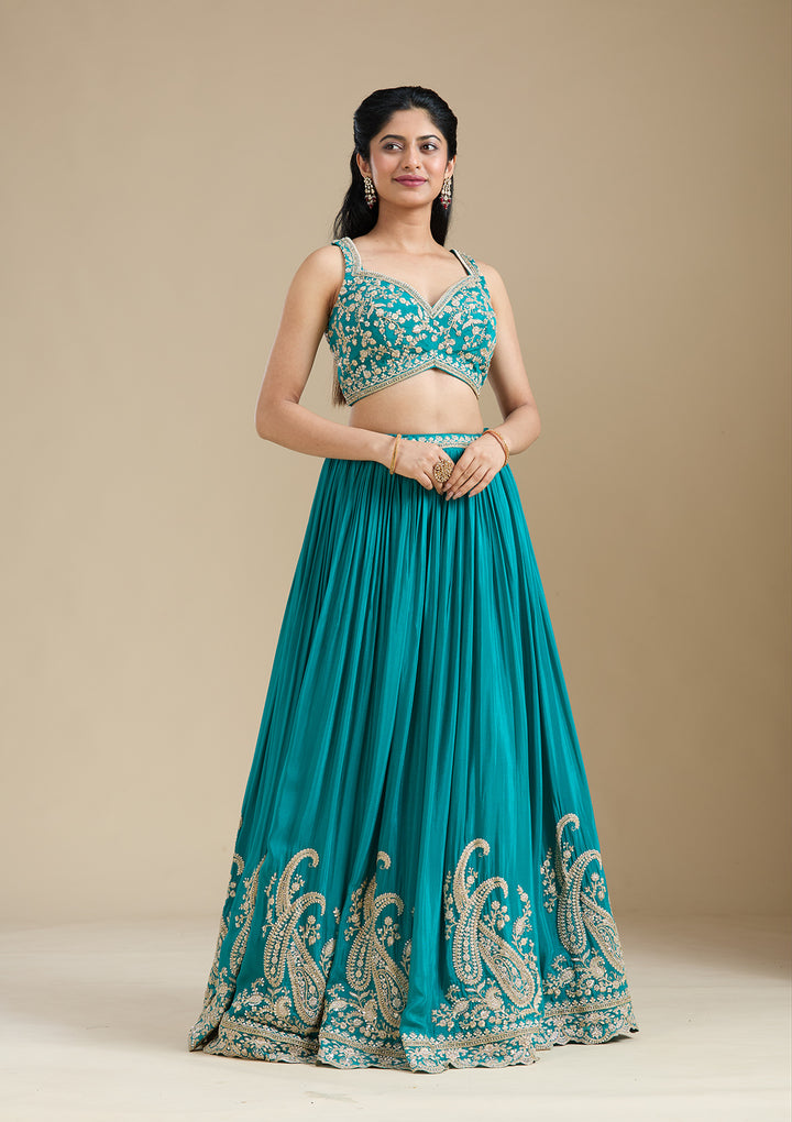 Turquoise Blue Zariwork (Gold) Crepe Readymade Lehenga