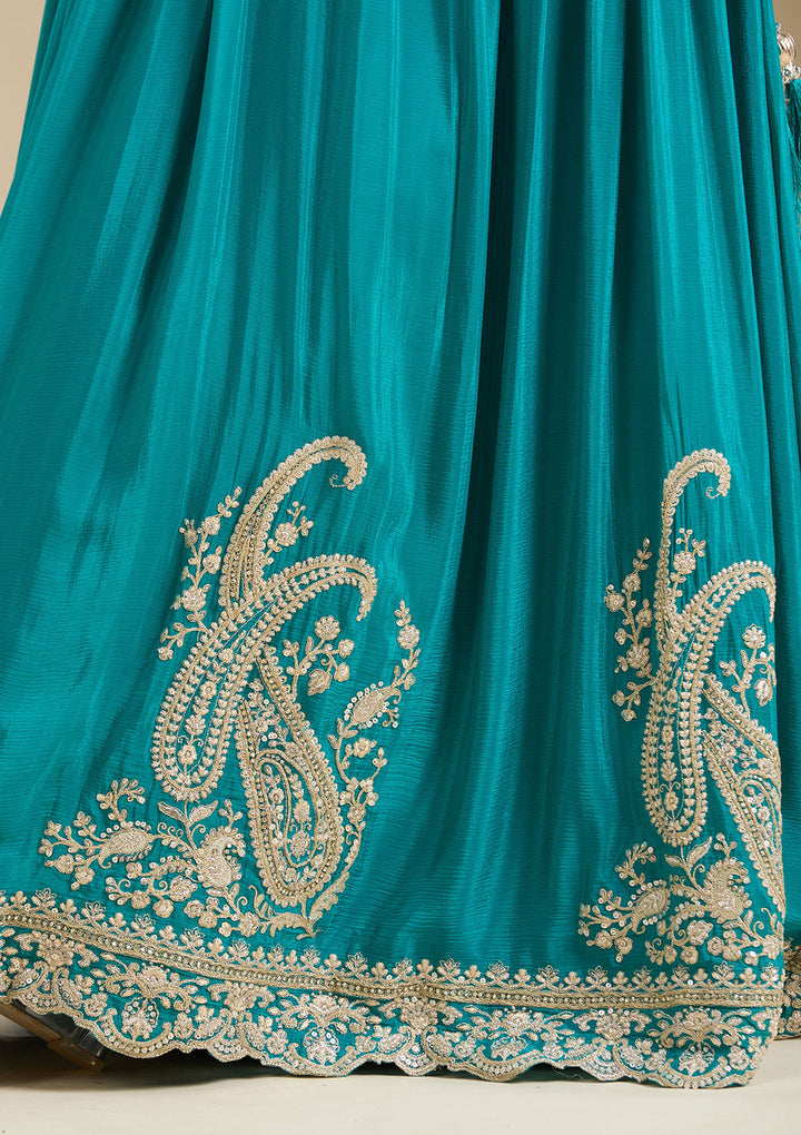 Turquoise Blue Zariwork (Gold) Crepe Readymade Lehenga