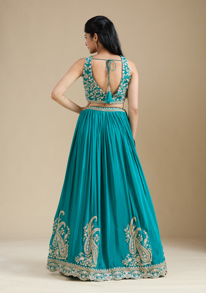 Turquoise Blue Zariwork (Gold) Crepe Readymade Lehenga