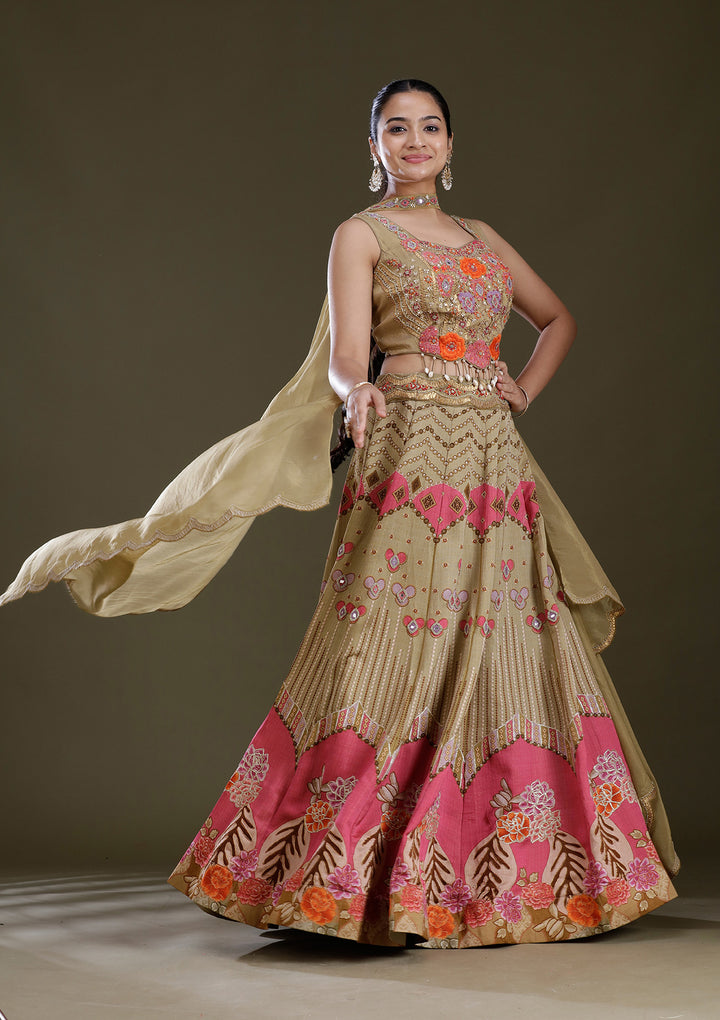 Pista Green Threadwork Art Silk Readymade Lehenga