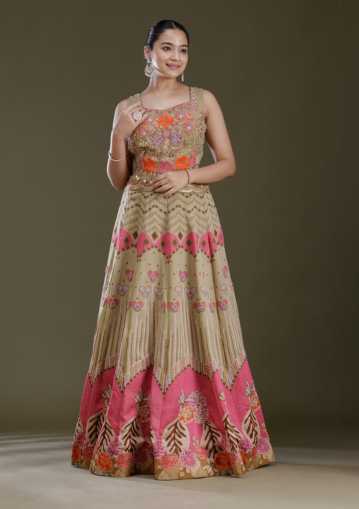 Pista Green Threadwork Art Silk Readymade Lehenga