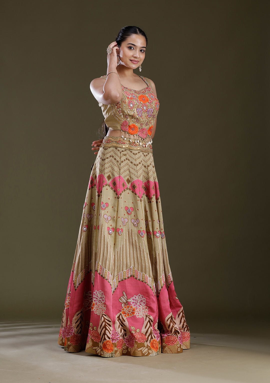 Pista Green Threadwork Art Silk Readymade Lehenga