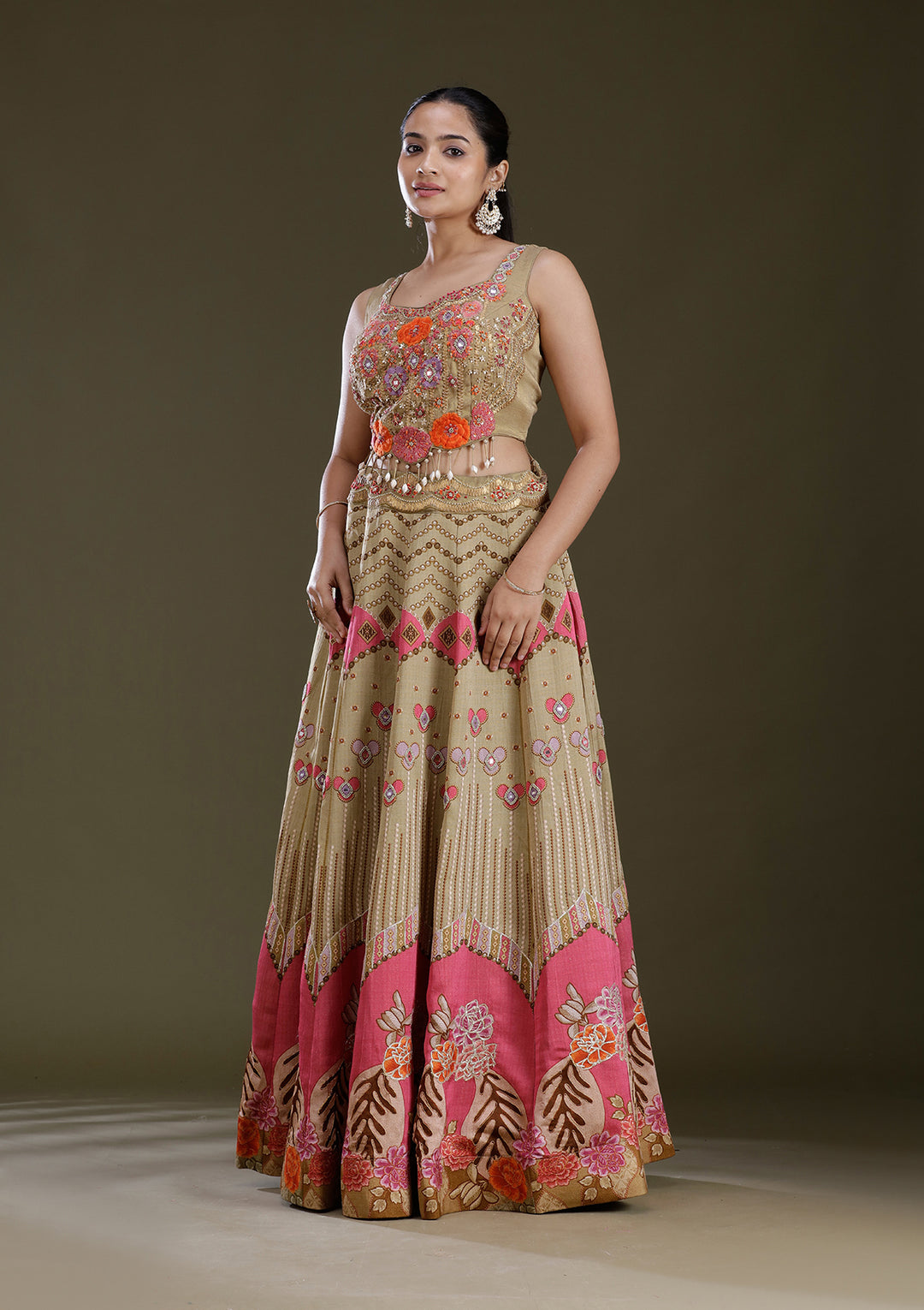 Pista Green Threadwork Art Silk Readymade Lehenga