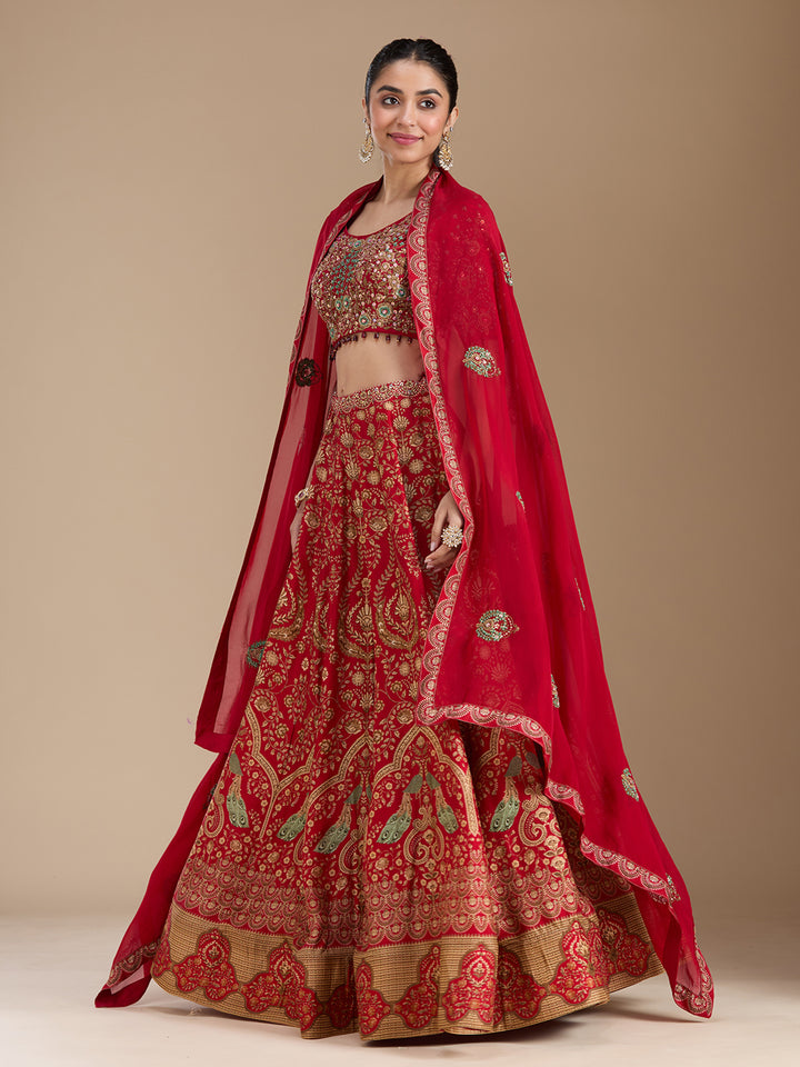 Red Threadwork Art Silk Readymade Lehenga