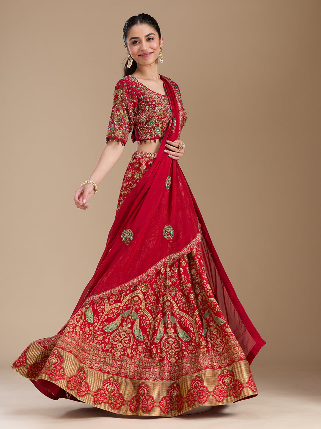 Red Threadwork Art Silk Readymade Lehenga